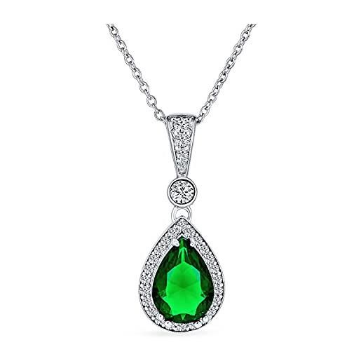 Bling Jewelry smeraldo verde simulato cz halo solitaire teardrop pear shape collana per le donne. 925 sterling silver