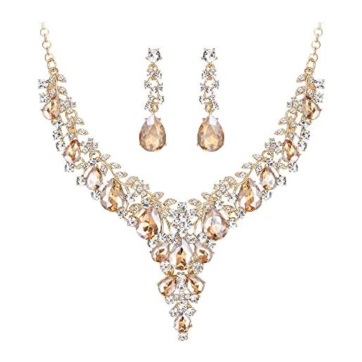 EVER FAITH party set di gioielli in cristalli austriaci per donna, set di orecchini pendenti con collana a fiore di dichiarazione marrone fondo oro