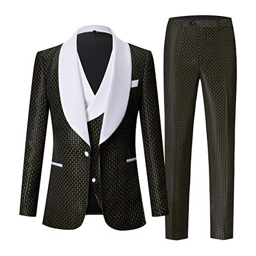 HJQSC abiti da uomo fit 3 pezzo spot scialle risvolto blazer gilet pantaloni set abiti formali giacche un bottone, nero, m