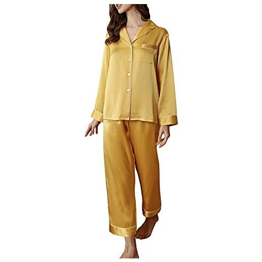E-girl pigiama da donna, 100% seta, top e pantaloni capri, a maniche lunghe, pigiama in seta, 19 momme, pigiama in seta, t8002zb, viola. , 50