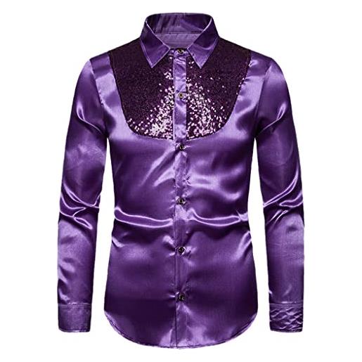 Jegsnoe camicia da uomo liscia in raso di seta con paillettes, camicia da smoking con paillettes purple l