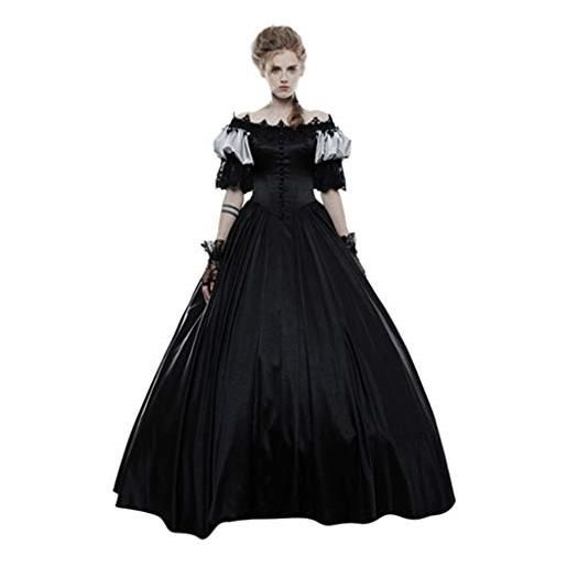 Yivise - vestito da donna, stile medievale, gotico, con gonna in pizzo, maniche corte, spalle scoperte, abito da festa nero s