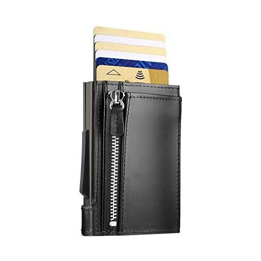 ÖGON Smart Wallets - cascade for coins - portafoglio automatico in alluminio e pelle - carte pop-up - 8 carte, monete e banconote, porta carte con blocco rfid (pelle nero alluminio titanio)