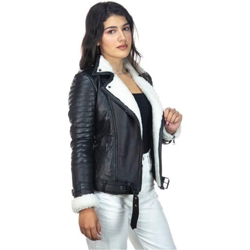 Leather Trend alaska - chiodo donna nero in vero montone shearling bianco e in vera pelle