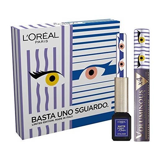L'Oréal Paris kit make up occhi edizione limitata basta uno sguardo, cofanetto occhi con mascara volumizzante e allungante + eyeliner resistente all'acqua, blu