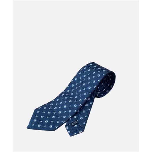 Arcuri cravatta tre pieghe in seta jaquard, 8 cm, blu e fiori bianco
