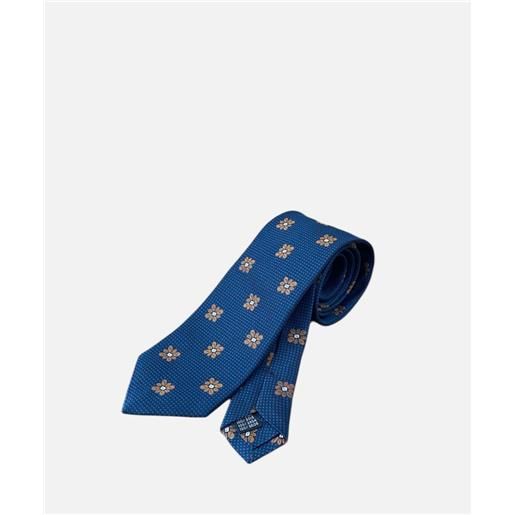 Arcuri cravatta tre pieghe in seta stampata, 8 cm, blu fiori marroni