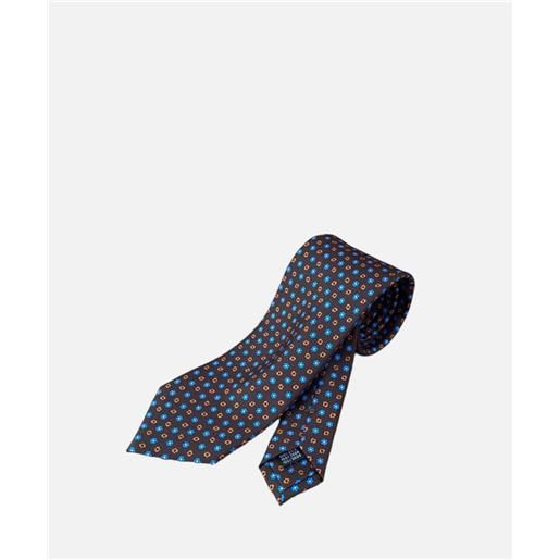 Arcuri cravatta tre pieghe in seta stampata, 8 cm, marrone fiori piccoli blu