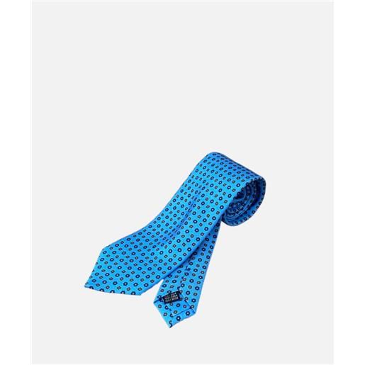 Arcuri cravatta tre pieghe in seta stampata, 8 cm, azzurro fiori marrone