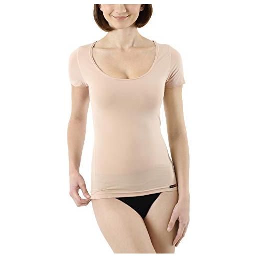 ALBERT KREUZ maglietta intima invisibile da donna a maniche corte e con scollo rotondo extra-profondo in cotone elasticizzato leggerissimo, color carne, 50