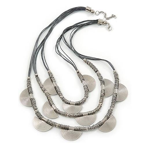 Avalaya collana a 3 fili in corda di cotone grigio con anelli in metallo color argento, lunghezza 66 cm, estensione di 4 cm, misura unica, cordoncini