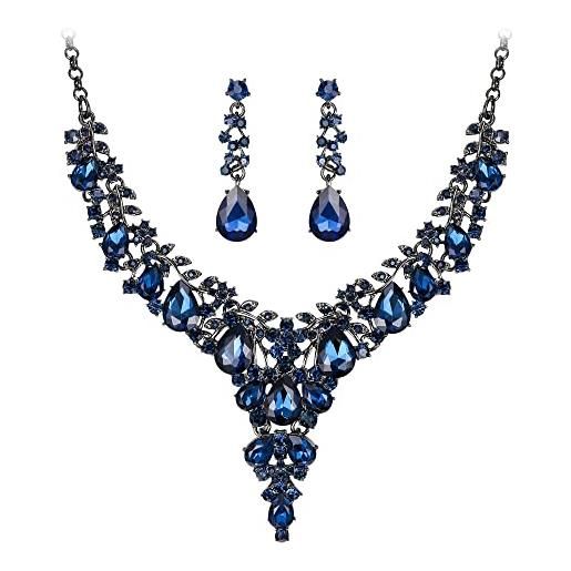 EVER FAITH set di gioielli in cristalli austriaci da banchetto per donna, set di orecchini pendenti con collana a fiore dichiarato blu zaffiro fondo nero