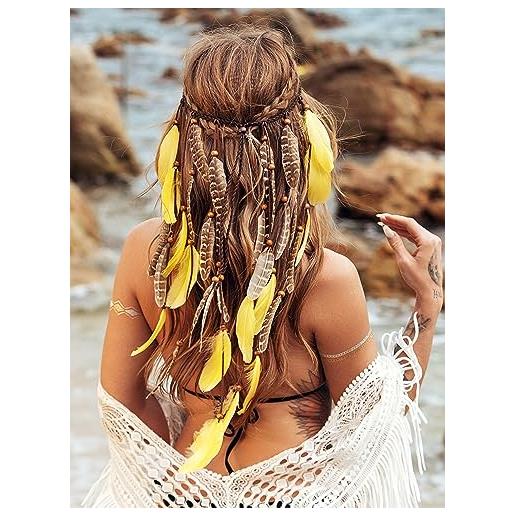 Fashband fascia per capelli con piume indiane, bohémien, hippie, gialle e tribali, accessorio per capelli per donne e ragazze