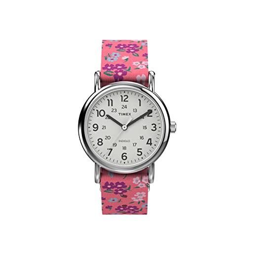 Timex orologio da donna weekender 31mm - quadrante bianco cinturino in tessuto mimetico cassa color argento, argento/rosa, cinturino