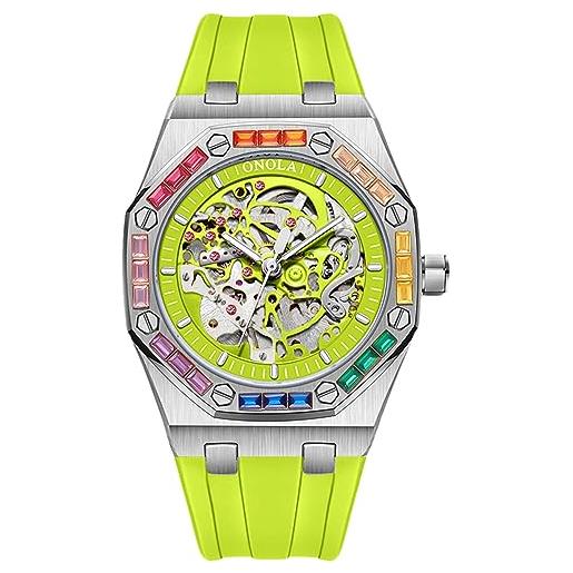 RORIOS orologio da uomo automatico meccanico orologi da polso scheletrato impermeabile orologi colorato diamante orologi bello cinturino in silicone verde argento