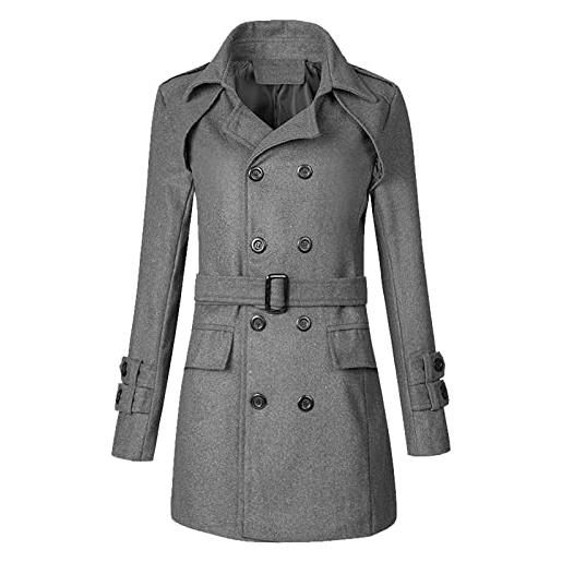 Beokeuioe trench invernale slim fit, cappotto corto di lana, monopetto con bottoni, caldo, tinta unita, cintura, giacca a vento di media lunghezza, giacca a vento, grigio. , l