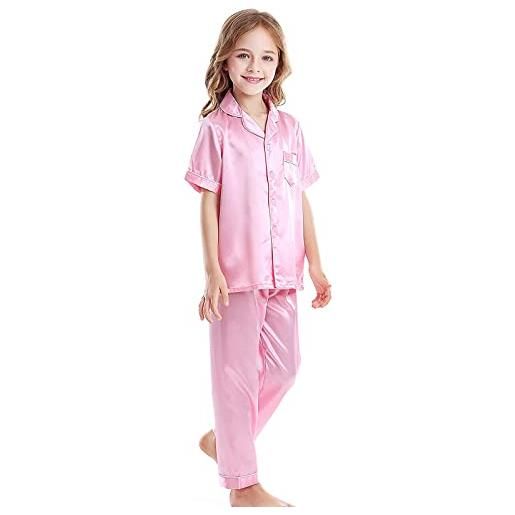 qinhanjia pigiama intero 3 anni pigiama da bambino per bambine set da pigiama per bambini in raso di a maniche corte da notte 2 pezzi con bottoni classici da salotto giacca da notte (pink, 6-7 years)
