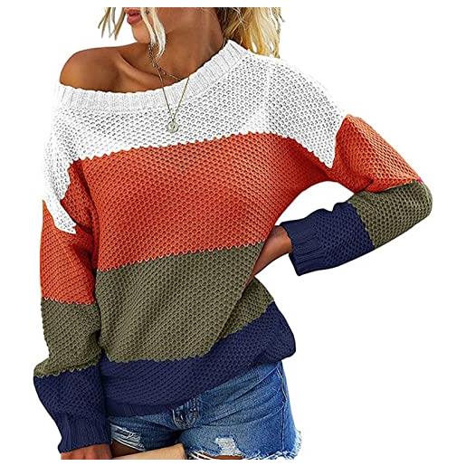 Greensen maglione pullover da donna girocollo manica lunga con spalle scoperte pullover pullover a righe patchwork a blocchi di colore maglieria(s-arancia)