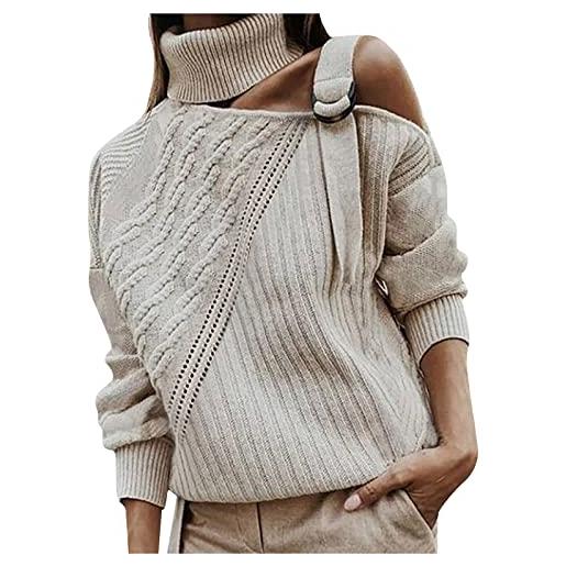 Generic top maglione lavorato a maglia colorblock a maniche lunghe a collo da donna alla moda maglie taglie forti particolari invernali (beige, xxl)