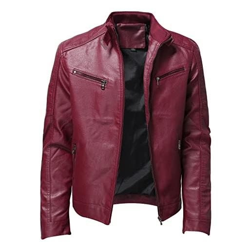 HJXX giacca da uomo in pelle sintetica da motociclista, primaverile estivo corto giacchetta leggera casual biker, burgundy, x large