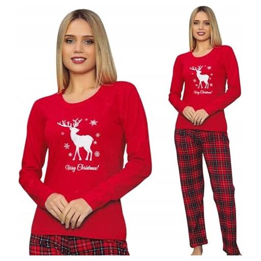 HEYO pigiama lungo da donna, 100% cotone, set da due pezzi, a maniche lunghe, a quadretti, pigiama natalizio, colore: rosso, xxl