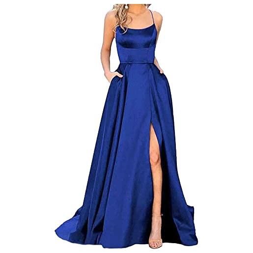 xxxiticat abito da donna elegante, lungo, con tasche, in raso, linea ad a, senza spalline, abito da sera, sexy, con allacciatura al collo, spaghetti, lungo, da principessa, damigella d'onore, blu