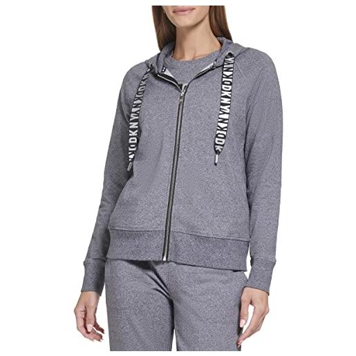 DKNY sport women's metallic two tone logo drawcord zip felpa con cappuccio maglione, nero mélange, m donna