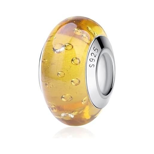 Nbsameng charm glitter in vetro di murano, ciondolo per braccialetti e catenine per donna, ciondoli in argento 925% , giallo