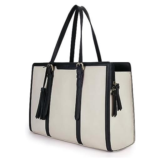 ECOSUSI borsa lavoro donna borsa porta pc 15,6 pollici in pelle pu tote bag ventiquattrore elegante di grande capacità con 3 scomparti, nero bianco