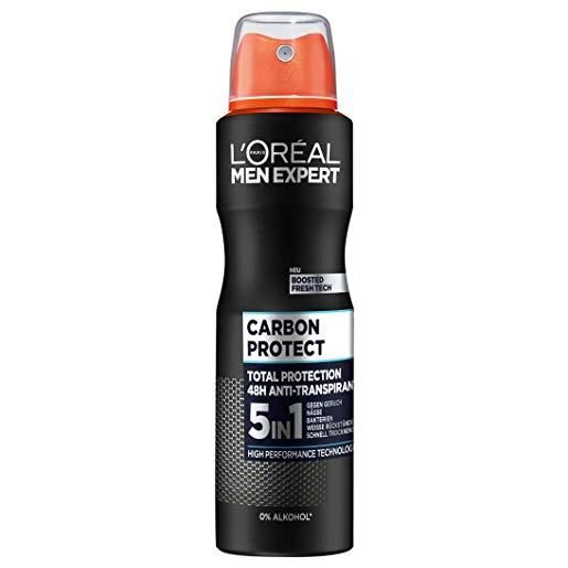 L'Oréal Men Expert carbon protect deodorante spray 4 in 1 protegge contro umidità ascellare e odori corporei e entusiasma grazie al suo profumo maschile (6 x 150 ml)