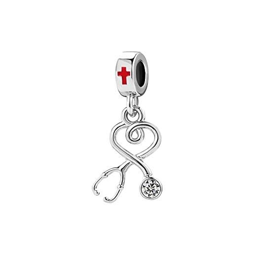 FGT donne amore cuore stetoscopio fascino per braccialetti collane ciondoli regalo per infermieri medico figlia compleanno natale, metallo, zirconia cubica