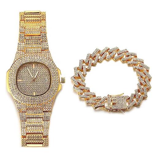 HALUKAKAH quadrante ovale orologio oro con diamanti, uomo placcato oro vero 18k quarzo cinturino 24cm, con catena da cubane bracciale 20cm, con pacco regalo