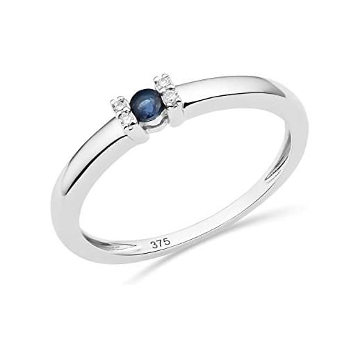 Miore anello di fidanzamento con 4 diamanti naturali da 0,02 carati e zaffiro blu naturale da 0,11 carati in oro bianco 375 da 9 carati
