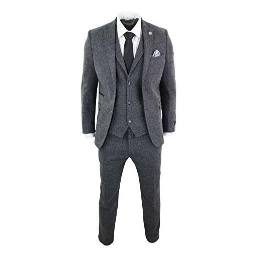 TruClothing. Com abito 3 pezzi grigio scuro in lana motivo intrecciato vintage retro blinders tweed