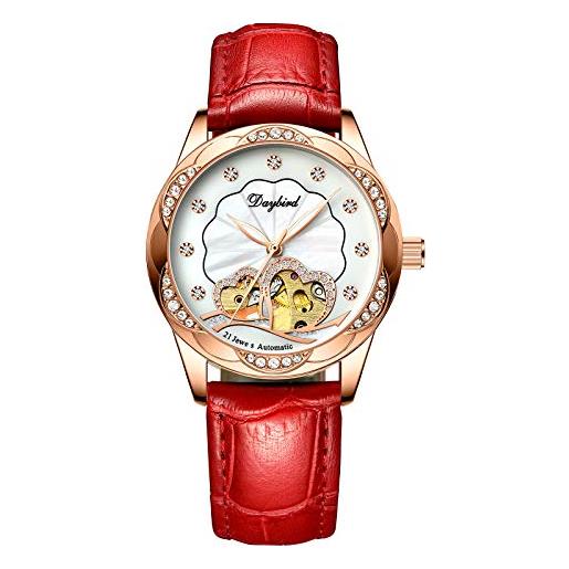 RORIOS orologio donna meccanico automatico con cinturino in acciaio inossidabile elegante impermeabile orologio da polso bianco rosso