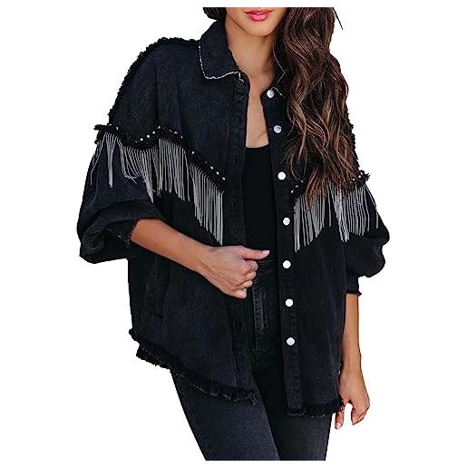 FNKDOR 2023 nuova giacca invernale da donna strappata con frange giacca di jeans autunno di transizione, nero , xl
