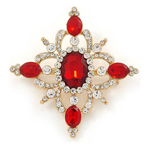 Avalaya spilla a forma di fiore/rombo, placcata in oro, con cristalli austriaci trasparenti e pietra rossa, 50 mm (lunghezza)