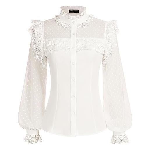 SCARLET DARKNESS camicetta vittoriana da donna a maniche lunghe elegante pizzo top tunica, bianco, m