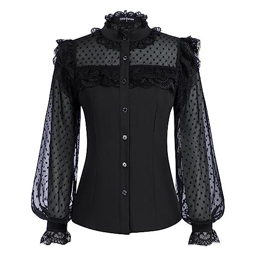 SCARLET DARKNESS camicetta vittoriana da donna a maniche lunghe elegante pizzo top tunica, nero , xl