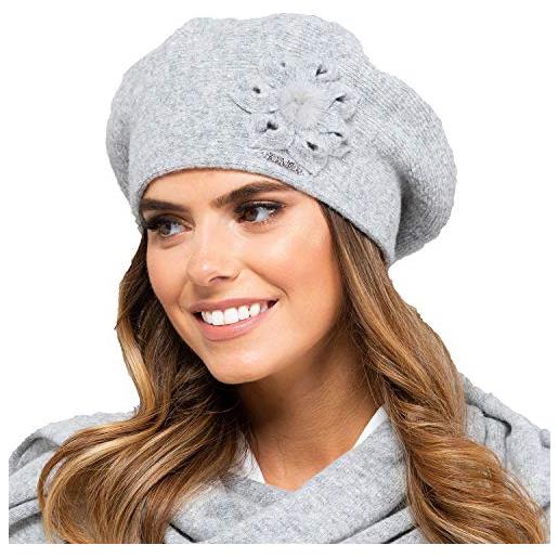 Kamea berretto femminile in lana con fiore sewilla, grigio, uni