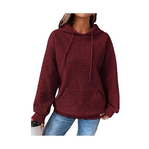 Cemssitu waffle hoodie for women, 2023 fall solid color casual drawstring pullover waffle sweatshirts with pocket, football lover waffle sweatshirt (s, wine red)