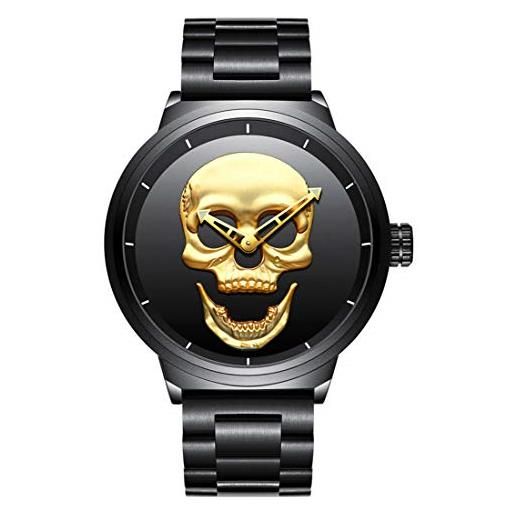 GIMTO creative 3d skull orologio da uomo in acciaio inossidabile con quadrante grande, stile vintage, al quarzo, stile militare, con teschio 3d, colore: oro. 