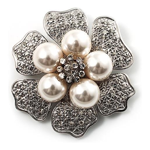 Avalaya spilla a forma di fiore, con perle artificiali e cristalli swarovski (argento e bianco)