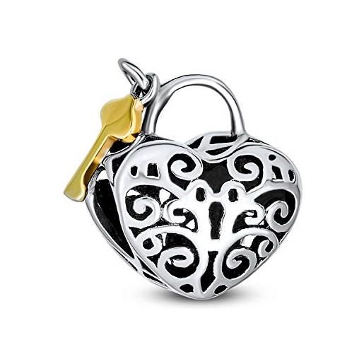 Bling Jewelry vintage stile due toni a forma di cuore filigrana amanti lock & key charm bead per le donne fidanzata placcato oro 14k. 925 argento adatto a bracciale europeo