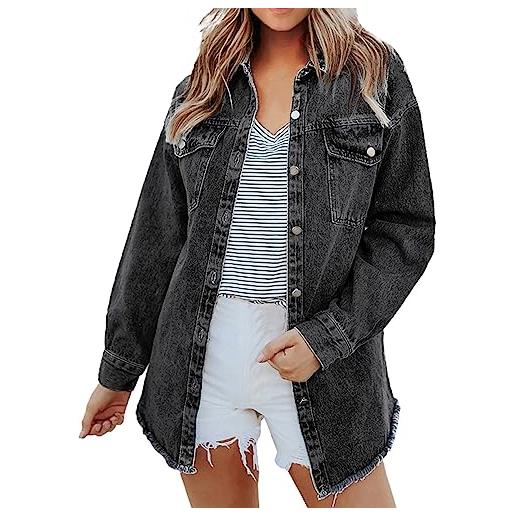FNKDOR 2023 nuovo giacca invernale da donna con tasca lunga con bottone giacca di jeans autunno casual di transizione, nero , xxl