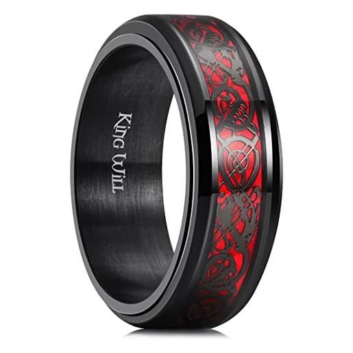 King Will anello fidget nero con drago celtico anello in acciaio inossidabile anello blu/rosso intarsio in fibra di carbonio 8 mm anello di ansia per uomini e donne, q 1/2(58.25mm), acciaio