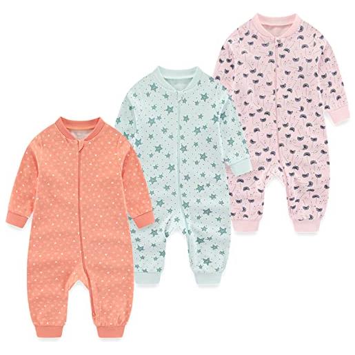 MAMIMAKA pigiama unisex per neonato, con cerniera a 2 vie, in cotone, per dormire e giocare, confezione da 3 - 24 mesi, footless-2-pinguino/stella marina/animale, 18 mesi