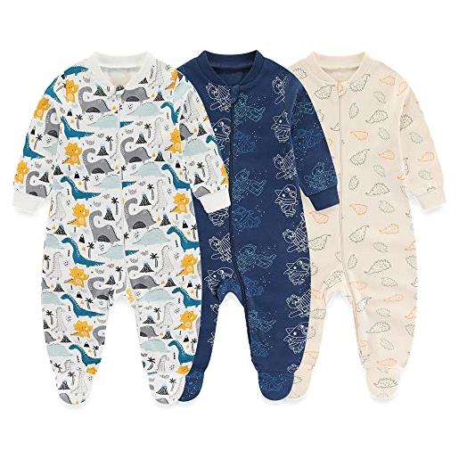 MAMIMAKA pigiama unisex per neonato, in cotone, con cerniera a 2 vie, per dormire e giocare, confezione da 3 - 24 mesi, footless-2-pinguino/stella marina/animale, 9 mesi