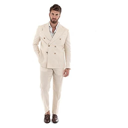 Giosal abito uomo completo outfit elegante lino doppiopetto taschino pochette tinta unita vestibilità regolare (46, beige)