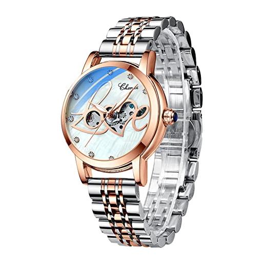 FORSINING orologio meccanico automatico da donna cinturino in acciaio inossidabile oro rosa quadrante scheletro di lusso signore diamante elegante vestito orologio da polso, 88302, bracciale